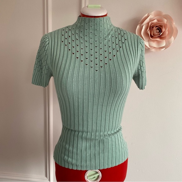 VENUS Short Sleeved Sweater, Ribbed Mock-Neck, Stretch, Eyelets, Muted Green, XS - Picture 2 of 8